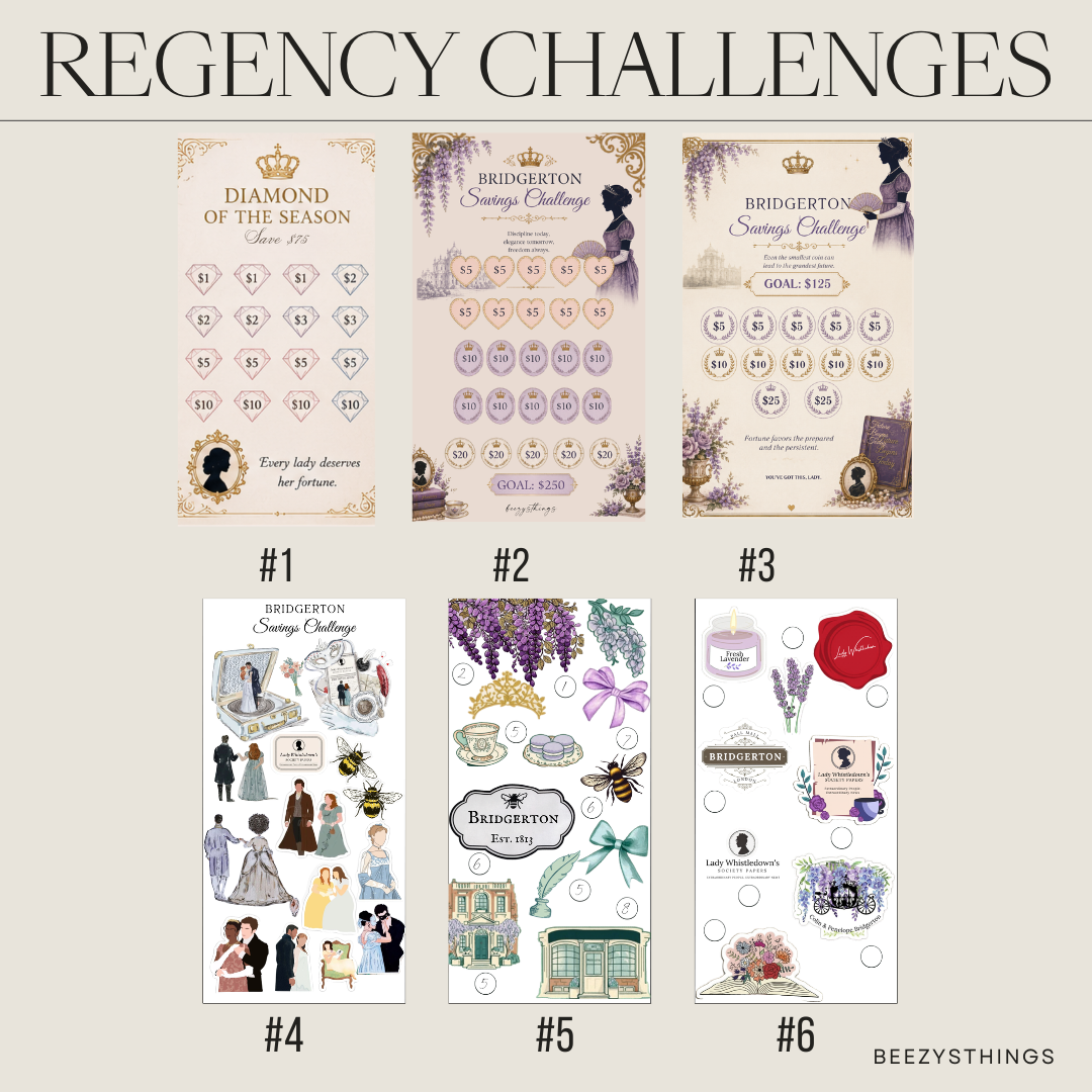 Bridgerton Inspired Cash Stuffing Collection | Regency Savings Challenges, Matte Vellum Envelopes, Laminated Dashboards