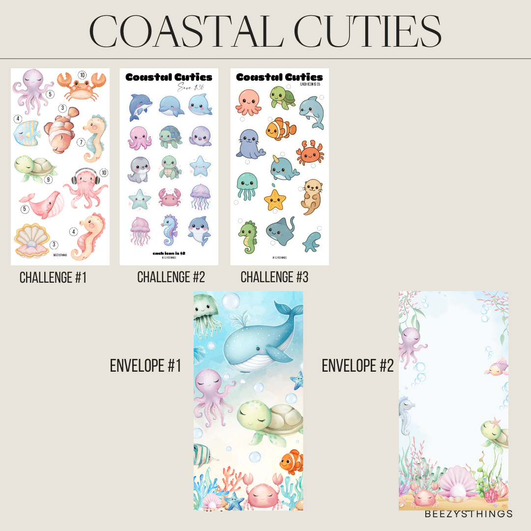 Coastal Cuties Beach Savings Challenge Bundle | Summer Cash Envelopes | Coastal Budget Binder Accessories