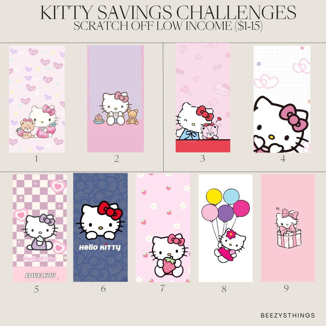 Kitty Savings Challenges (Scratch off, Low Income Denominations 1-15)